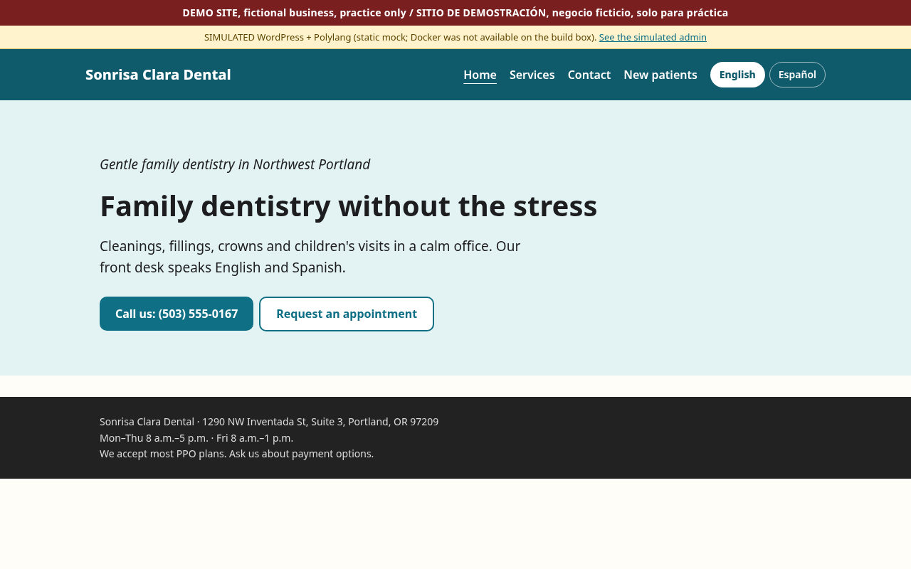 Screenshot of the Sonrisa Clara Dental demo site