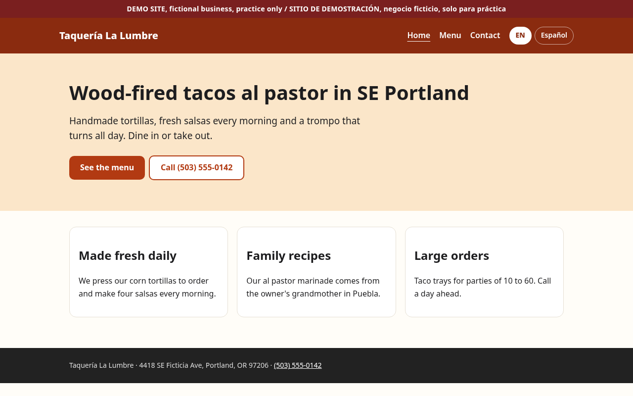Screenshot of the Taquería La Lumbre demo site